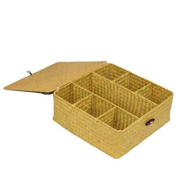 China Viable Baskets With Lid Handwoven Desktop Organizer Multipurpose Plant Plankton Storage Box Wicker Basket Makeup Container 7 for sale