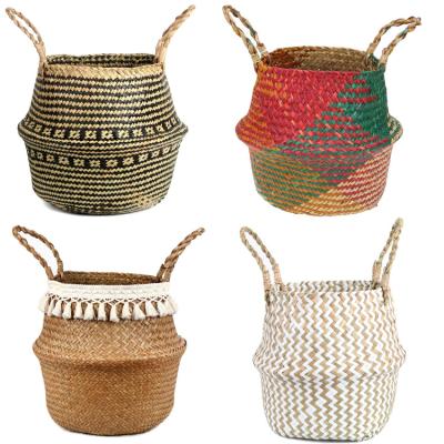 China Wholesale Customized Viable Natural Sea Grass Belly Round Basket With Handles For Storage Nursery Laundry Picnic Plant Pot And Grocery for sale