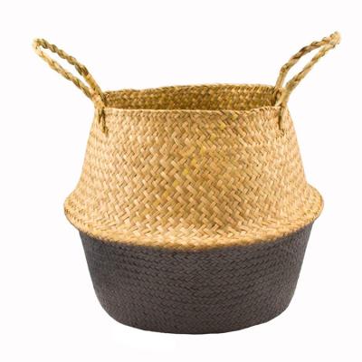 China Sustainable Black Hand - Woven Belly Baskets For Small Plants Sea Grass Plant Pot Cover&Laundry Storage Bin for sale