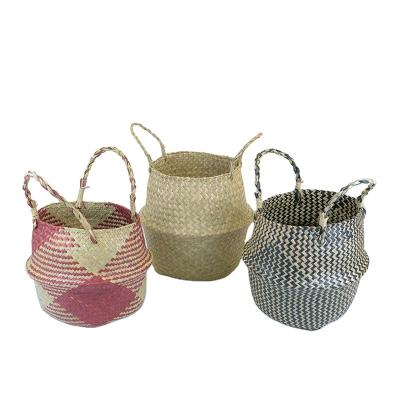 China Best Selling Sustainable Home Organizer Round Straw Plant Plankton Woven Belly Basket For Home Laundry Or Planter Pot for sale