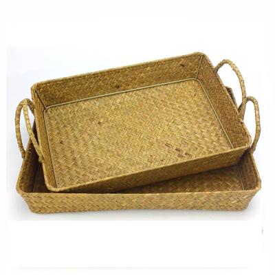 China Fast Delivery Sustainable - Wholesales Home Rustic Vegetable Plankton Straw Basket Woven Dinner Food Tray With Handle for sale