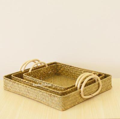 China Sustainable Set of Eco-Friendly Handmade 3 - Rectangle Rattan Storage Trays Vegetable Plankton Woven Storage Wicker Basket Small Serving Trays for sale