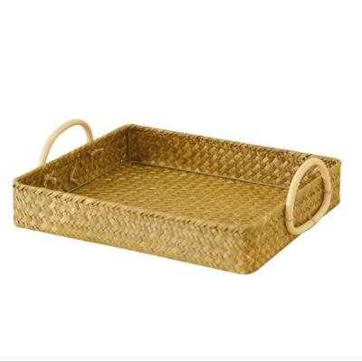 China Sustainable hand - woven rattan serving tray with handles for breakfast, drinks, snacks for dinner for sale