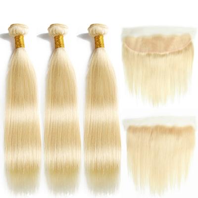 China 613 Straight Blonde 10A Grade Bundles Brazilian Virgin Hair Straight Hair Weaves 3 Bundles With 13*4 Lace Frontal Ear To Ear Headband for sale