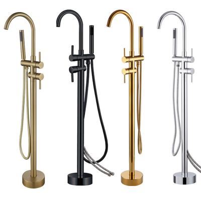 China Sliding Bar Free Shower Filler Gold Tub Tub Faucet Brushed Freestanding Mixer Tap Floor Mounted Dual Handles Faucet for sale