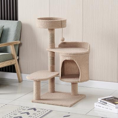 China Wholesale Modern Stocked Cat House Furniture Wooden Plush Cat Tower Tree Toys Popular Small Post Sisal Cat Scratching Tree for sale