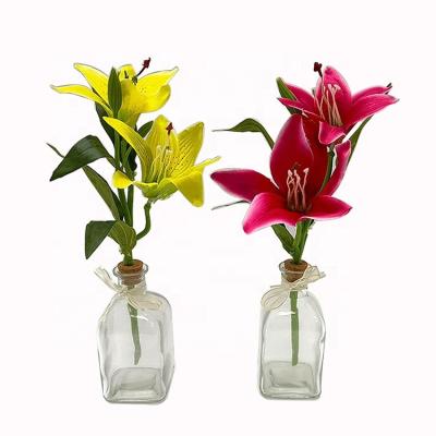 China Simulation Red Lily Flowers With Glass Eco-friendly Cheap Artificial Bonsai Plants 31cm Pot For Home Decoration for sale