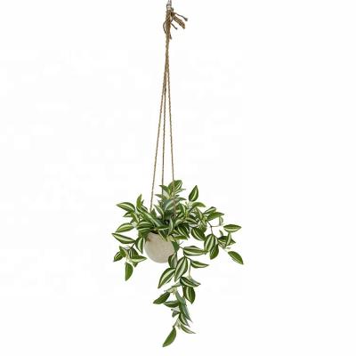 China Artificial PE Plants Hanging Grass Wall Bonsai 35cm Zebrina Artificial Hanging Plants With White Hanging Ceramic Pots for sale