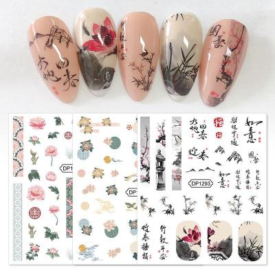 China Chinese Style 3D Ink Flower Plum Knot Porcelain Adhesive Nail Stickers Blue And White Chinese Manicure Facebook 3D Nail Art Sticker New for sale