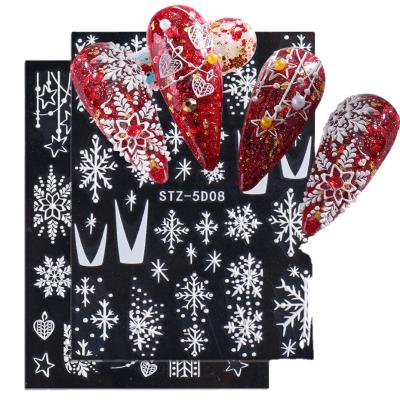 China Nail Beauty Products 2021 Christmas Red French V Three-dimensional Snowflake 5D Resin Nail Stickers New Paper Adhesive Net for sale