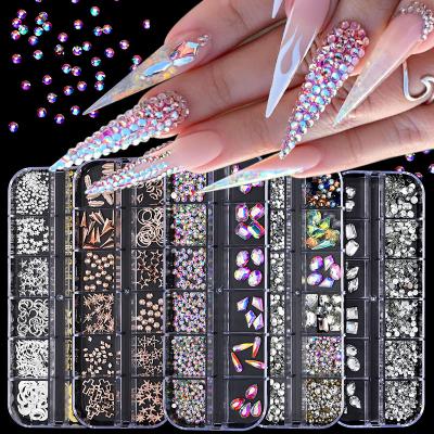 China Mixed designs nail art decoration 2021 wholesale mix 12 grid long strip boxed rhinestone flat bottom decoration ab symphony nail art diamond shiny diamond for sale