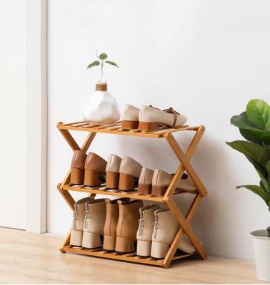 China (Size) 3 Tier Adjustable Multifunctional Folding Bamboo Shoe Storage Rack Shoe Racks for sale