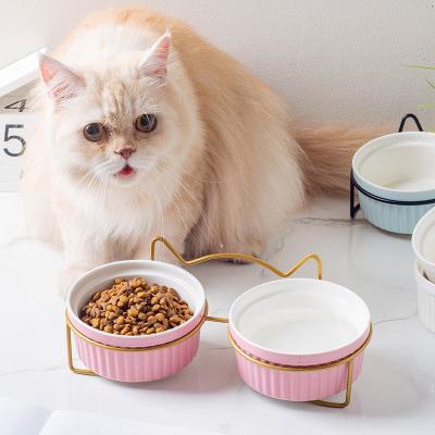 China Sustainable Reusable Pet Drink And Eat In Double Ceramic Bowl With Iron Holder for sale