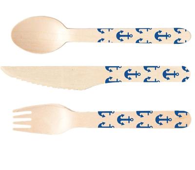 China Eco Friendly Printed Wooden Cutlery Set , Custom Printed Eco Friendly Wooden Spoon Fork Knife For Birthday Parties for sale