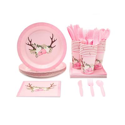 China Floral Rustic Supplies Party Item for Kids Birthdays Baby Showers Includes Paper Plates Napkins Cups Disposable Tableware Set for sale