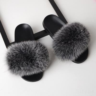 China Fox Fur Slippers Women Real Fur Slides Home Furry Flat Sandals Female Cute Fluffy House Shoes Woman Luxury 2020 Brand for sale