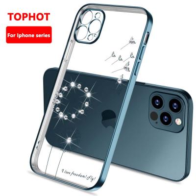 China To Prevent Crash Classic View Plating Dandelion Diamond Case For iPhone 12 11 Max Mini Soft Clear TPU Plated Drop Proof Cover for sale