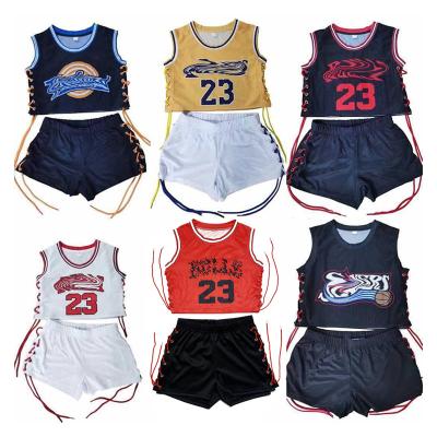 China New Arrival Breathable Fashionable 2 Piece Letter Printed Sleeveless Tank Top Set Crop Top Bandage Tank Top Basketball Shorts Set Uniforms For Women for sale