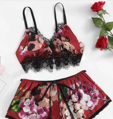 China Hot sales QUICK DRY print flower women sling sexy sleepwear lace silk plus size lingerie set for sale