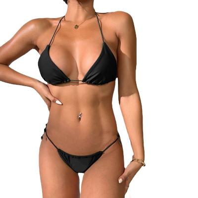 China Breathable Solid Color Lace Up Fashion Summer Swimming Bikini Two Pieces Sexy Polyester Hot Women for sale