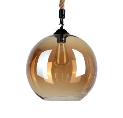 China Modern Hemp Rope Vintage Round Amber Glass Shade Hanging Pendant Light for sale