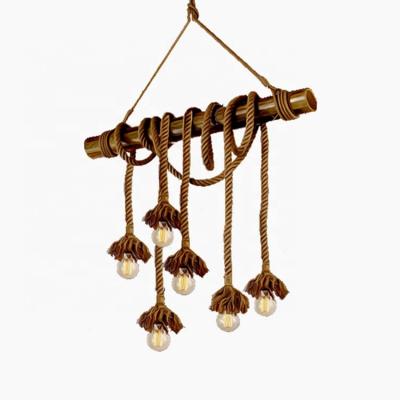 China Linear Living Room American Style Led Retro Industrial Hemp Rope Bamboo Pendant Light for sale