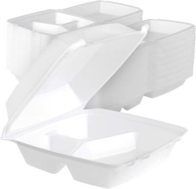 China Disposable Stock Your Home 8 Inch Clamshell Bagasse Pulp Containers 3 Compartment Food Containers for sale