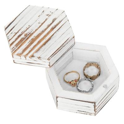 China Europe White Washed Hexagon Shape Wooden Wedding Ring Box Small Jewelry Gift Box Trinket Box and Ring Holder for sale