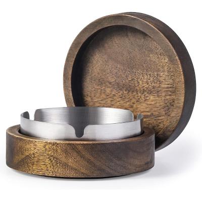 China Country Stainless Steel Liner Ash Tray Windproof Durable Easy to Clean Cool Ashtrays for Smokers Wooden Ashtray with Lid for sale