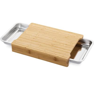 China Sustainable Bamboo Chopping Board with 2 Stainless Steel Pull Out Sliding Drawer Pan Tray Containers Wooden Cutting Board with Trays for sale