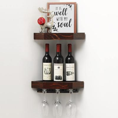 China Sustainable Home Storage 2 Pack Wooden Rustic Floating Corner Wine Holder with 6-7 Glass Slot Holder Wall Mounted Corner Wine Rack for sale