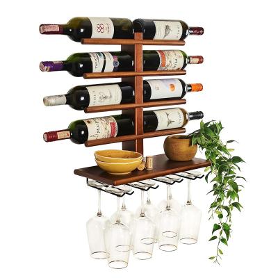 China Sustainable Wine Decor Holder 8 Glasses Wood Rustic Wine Floating Rack with Stemware Hanger Wine Rack Wall Mounted Shelf for sale