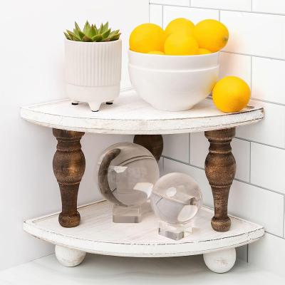 China Europe Stackable Bathroom Organizer Rustic Decorative Pedestal Stand Farmhouse White Wash Corner Counter Tray Riser Wooden Shelf for sale