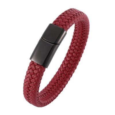 China Popular Lucky Red Braided Leather Magnetic Buckle Vintage Bracelet Men's Leather Bracelet Black for sale