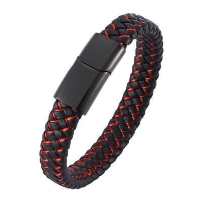 China Hot-selling black and red woven magnetic attachment black bracelet vintage accessories leather bracelet for men for sale