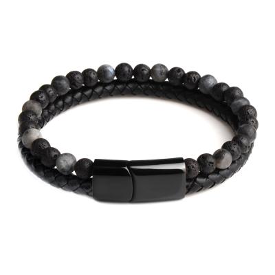 China Wholesale Natural Gemstone Lava Stone Bead Vintage Stainless Steel Genuine Leather Bracelets for sale