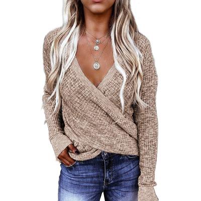 China 2020 New Arrival Design Wholesale Anti-Wrinkle Solid Color Ladies Cross Deep V Neck Casual Sweater Sweaters For Women for sale