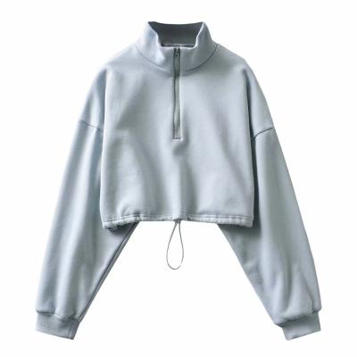 China Gray Rib Zip Front High Neck Breathable Custom Long Sleeve Crop Top Hoodie For Women for sale