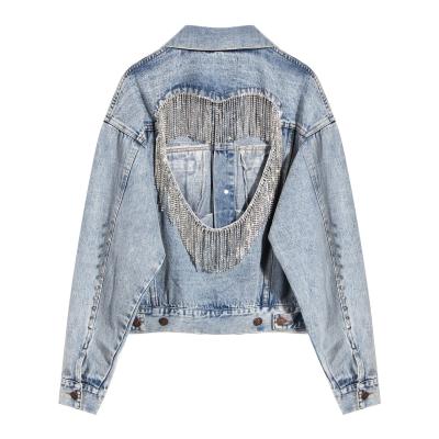 China 2020 Breathable Rhinestone Border Tassel Chain Heart Back Hollow Out Denim Female Blue Women Jean Jackets for sale