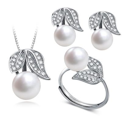 China TRENDY 925 Sterling Silver Pearl Necklace Pendent Earrings Ring Freshwater Pearl Silver Jewelry Sets Women for sale