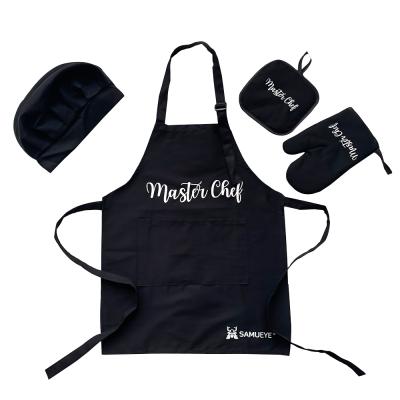 China Custom Eco-Friendly Adult Chef Hat Oven Mitts And Kid's Chef Aprons Set Cotton Kitchen Cooking Oven Gloves Pot Holder for sale