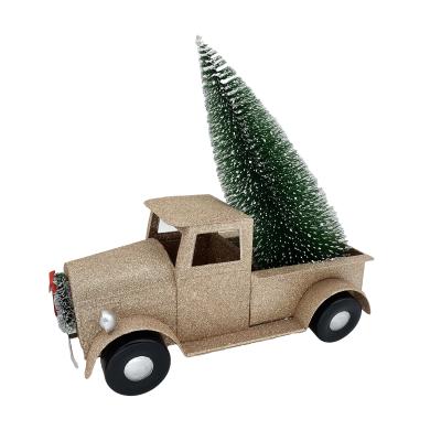 China Christmas Decor Wholesale Christmas Table Decoration 36cm Metal Glitter Truck Christmas Tree Truck For Christmas Decoration for sale