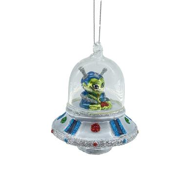 China Eco-friendly Glitter Glass Spaceship Christmas Bauble Wholesales Christmas Shape Alien Ornament for sale