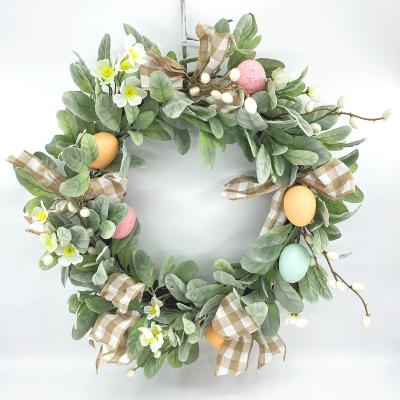 China Plastic+Rattan+Foam Wholesales 22inch Handmade Artificial Egg Garland Decorative Easter Rattan Wreath With Bow For Easter Decoration for sale