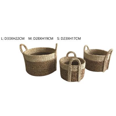 China Sustainable Handmade Woven Storage Basket 3 Sets Rush And Corn Stroage Basket With Handles Home Kitchen Laundry Basket for sale