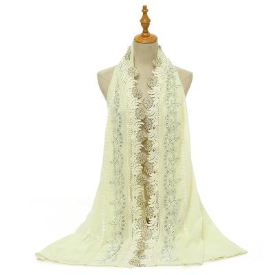 China Muslim Shawl Scarf Wholesale Women Scarf 2021 Simple Zhenshiman Three Sides Lace Gold Chiffon Polyester Large Latest for sale