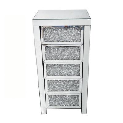 China Handmade Home Furniture Crushed Diamond Mirrored Chest Of 5 Glass Drawers for sale