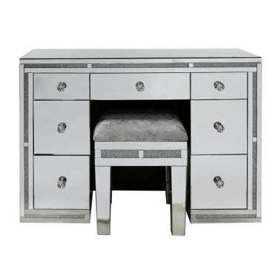 China Hot Sale Mirrored Home Furniture Crushed Diamond Mirrored Dressing Table With Stool for sale