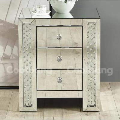 China Mirrored 3 Drawer Bedroom Furniture Crystal Silver Mirrored Nightstand Bedside Table for sale