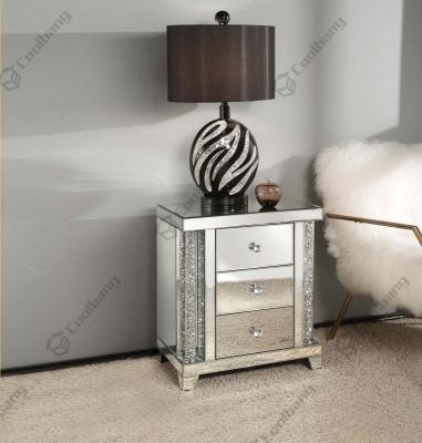 China Hot Sale Mirrored Crushed Diamond Mirrored Nightstand 3 Drawer Chest Bedside Table Night Stand for sale